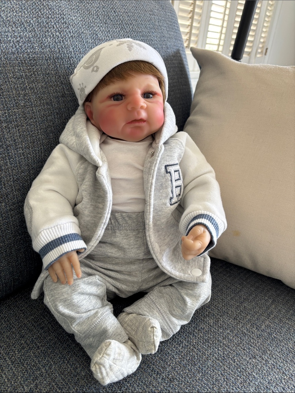 Reborn Baby boy 18” with  Hoodie Set in Light Gray